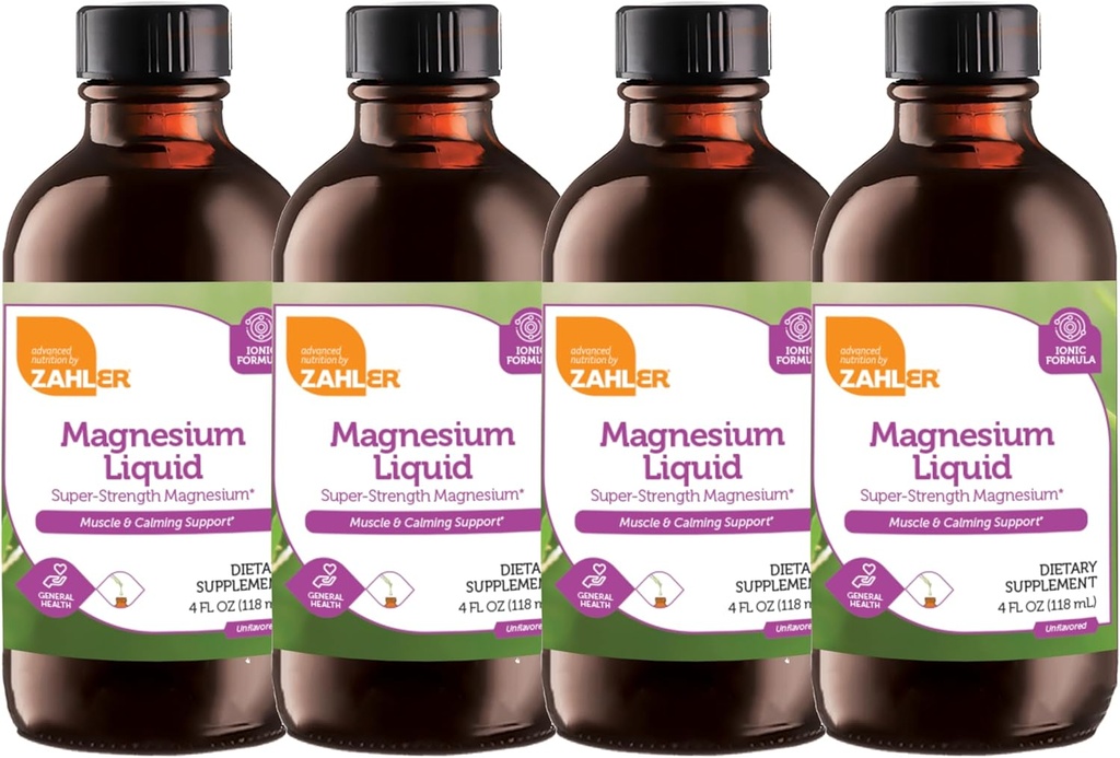 Zahler Magnesium Liquid Super- Strength Magnesium Muscle Calming Support, 4 FL OZ. Uden smag. (4 pakning)