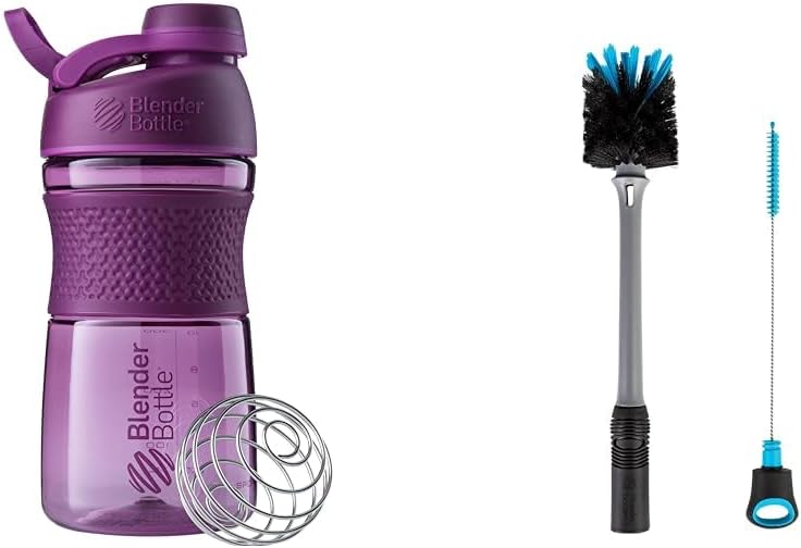 BlenderBottle SportMixer Shaker Bottle Perfect for Protein Shakes and Pre Workout, 20-Ounce, Plum & 2-in-1 Shaker Bottle and Straw Cleaning Brush, 1 Pack,Gray