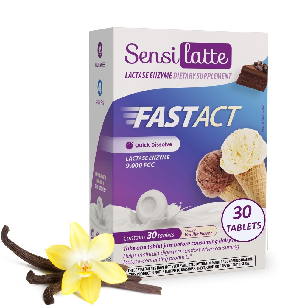Lactase Enzyme 30 Tablets Vanilla - 9.000 FCC - Sensilatte - Hurtig opløsning - Hjælper med fordøjelsesbesvær Comfort - Prati Donaduzzi