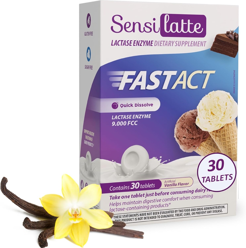 Lactase Enzyme 30 Tablets Vanilla - 9.000 FCC - Sensilatte - Hurtig opløsning - Hjælper med fordøjelsesbesvær Comfort - Prati Donaduzzi