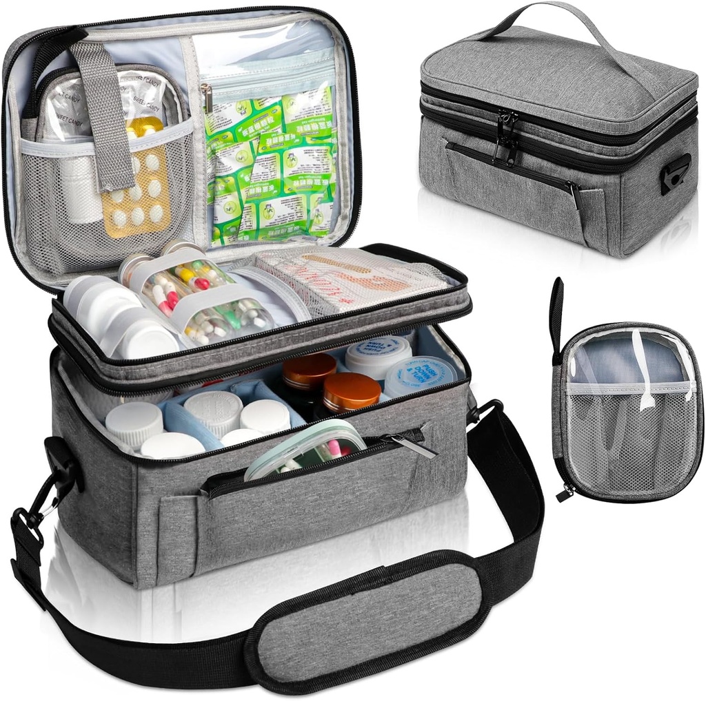 Medicine Bag til Rejse med Bærbar Lille Pouch, Dobbelt Layer Pill Flaske Organizer Storage Case med Lockable Zippers, Carrying Medicin Rejse sag med skulderrem (BAG KUN), Gray