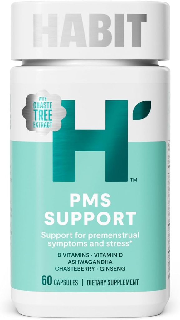 Habit PMS Support for Women (60 kapsler) - Understøtter Premenstruelle Symptomer & Stress, Hormone Balance, Mood, B Vitamin, D-vitamin, Chasteberry, Ashwagandha, Gluten- Free, Non- GMO (1 pakke)