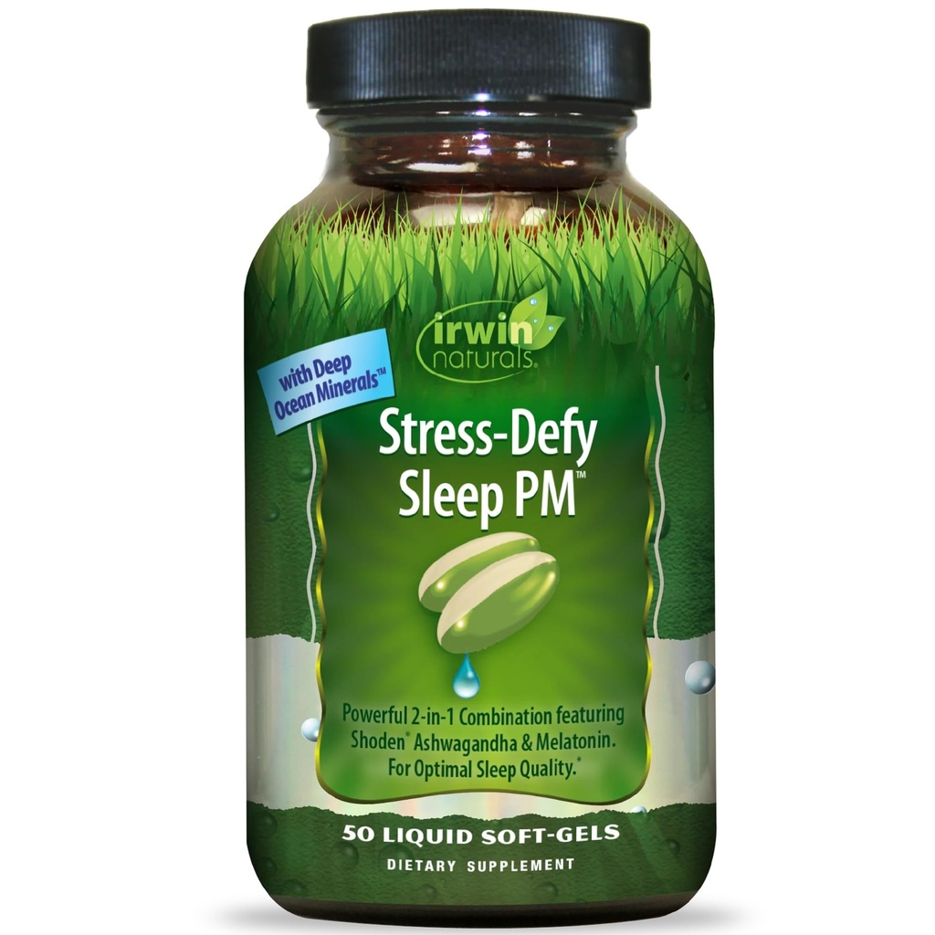 Irwin Naturals Stress- Defy Sleep PM - 50 Flydende Soft- Gels - Kraftfuld 2-in-1 Kombination med Ashwagandha & Melatonin - 25 Servere