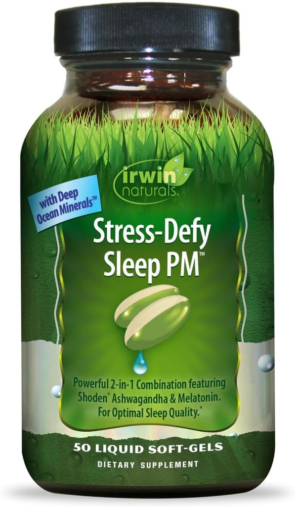 Irwin Naturals Stress- Defy Sleep PM - 50 Flydende Soft- Gels - Kraftfuld 2-in-1 Kombination med Ashwagandha & Melatonin - 25 Servere