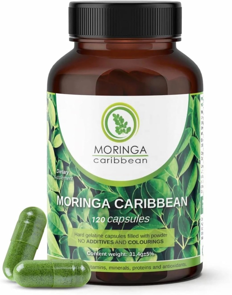 Moringa Premium 100% Pure Powder Capsules - Vegan, GMO Free, Green Superfood, Indeholder calcium, Magnesium, C-vitamin, vitamin B3, vitamin A, antioxidanter - energi, Metabolisme, immunforsvar - 120 ng