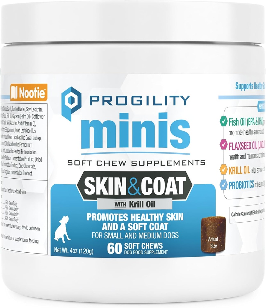 Nootie Progility Mini Skin & Coat Supplement for små hunde, Fish Oil understøtter sund hud & Coat, 60 bløde tygger per beholder