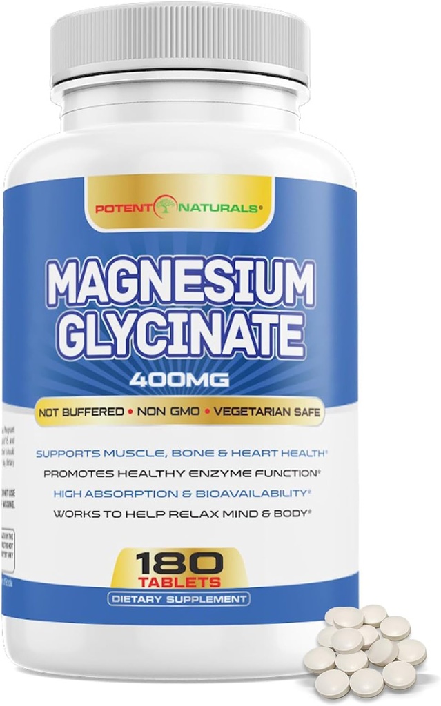 Magnesium Glycinat 400mg 180 tabletter - Gentle Absorption Formel Non- Laxative - Ikke GMO Gluten Friendly Mineral Supplement for mænd - Tredjeparts testet, Ingen Fyldere