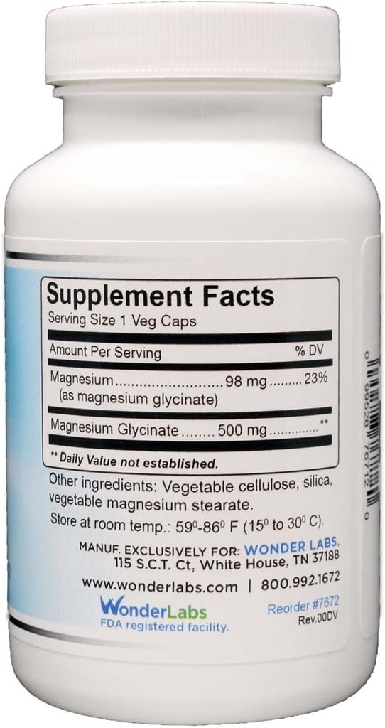Wonder Laboratories Magnesium Glycinate 500mg, 100% Chelated for Superior Absorption, Non- GMO, NO Gluten Dairy & Soy, Understøtter Muscle, Joint, og Heart Health (120)