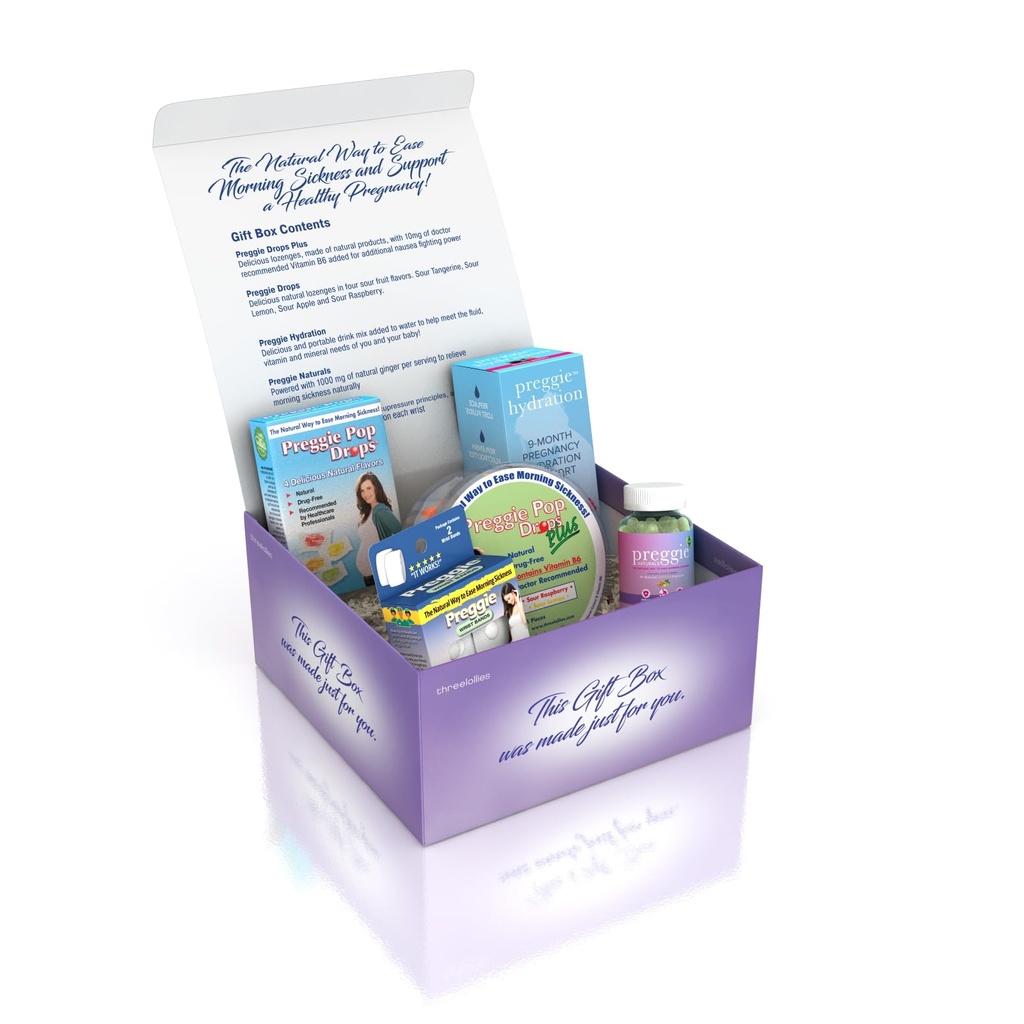 Tre Lollies Preggie Gave Box - Natural, Graviditet Kvalme Relief Essentials med Anti- Sygdom Lozenges, Hydration Pakninger, Ingefær kapsler, & Anti- Kvalme Bands til morgen sygdom