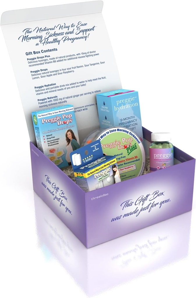 Tre Lollies Preggie Gave Box - Natural, Graviditet Kvalme Relief Essentials med Anti- Sygdom Lozenges, Hydration Pakninger, Ingefær kapsler, & Anti- Kvalme Bands til morgen sygdom
