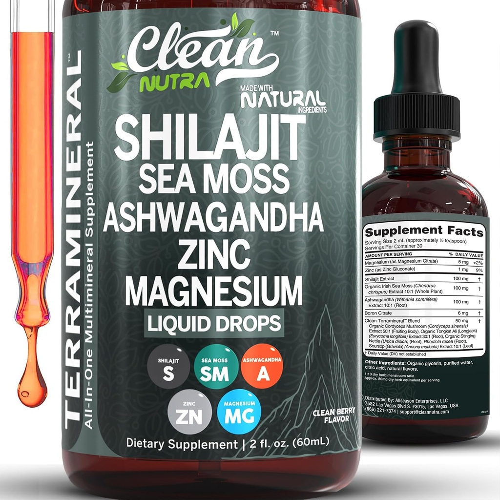 Rene nukleosteroider Shilajit flydende dråber med Sea Moss, Ashwagandha, Zink, Magnesium, flydende vitaminer til kvinder og mænd - Terra Mineral