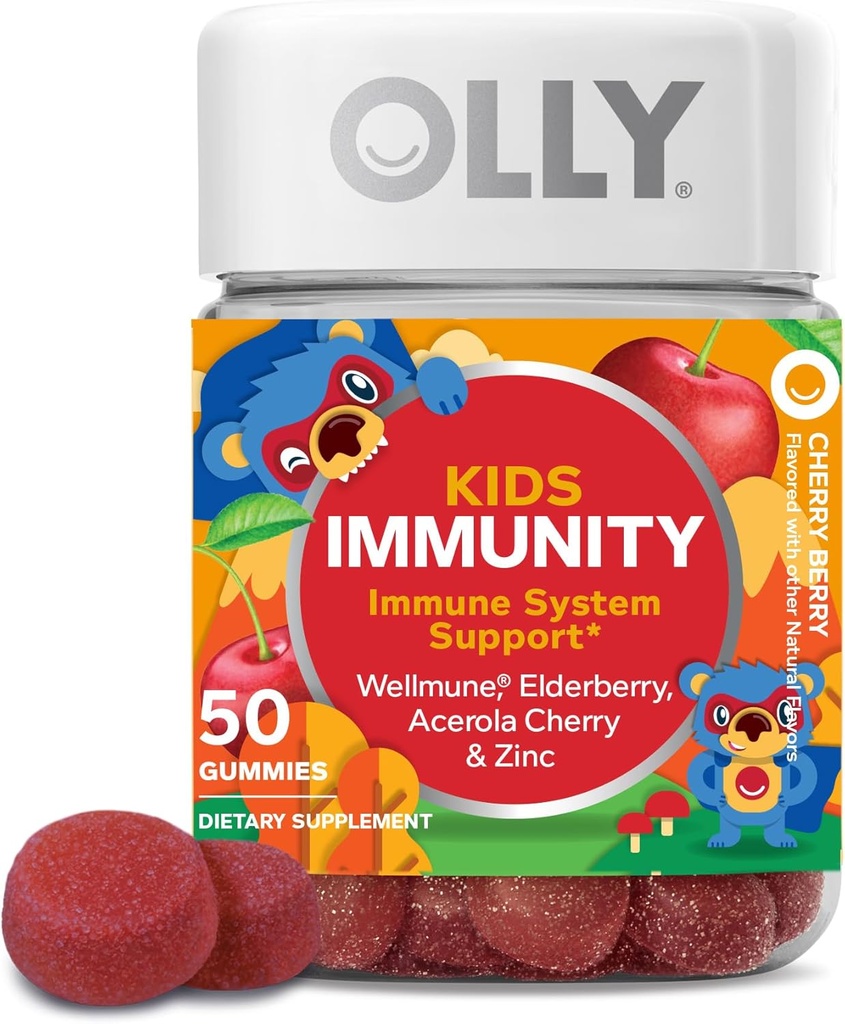 OLLY Kids Immunity Gummy, immunstøtte, Wellmune, Elderberry, C-vitamin, zink, tyggetabletter, kirsebær - 50 Greve