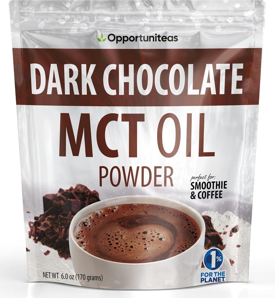 Opportuniteas MCT Oil Powder, Keto Creamer til kaffe, Drinks & Smoothies, Low Carb Keto Friendly, Boost Energy & Mental Focus, Supplement til Ketogen Diet, Gluten Free & Non- GMO, Dark Chocolate 6 oz