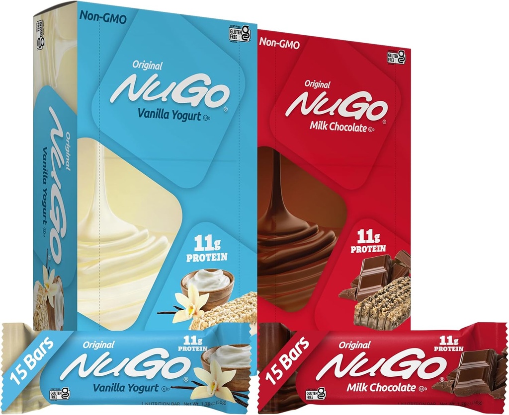 NuGo Original sort, Vanilla Yogurt 15 barer & Chokolade 15 barer, 11g Protein, Gluten Free, 30 Greve