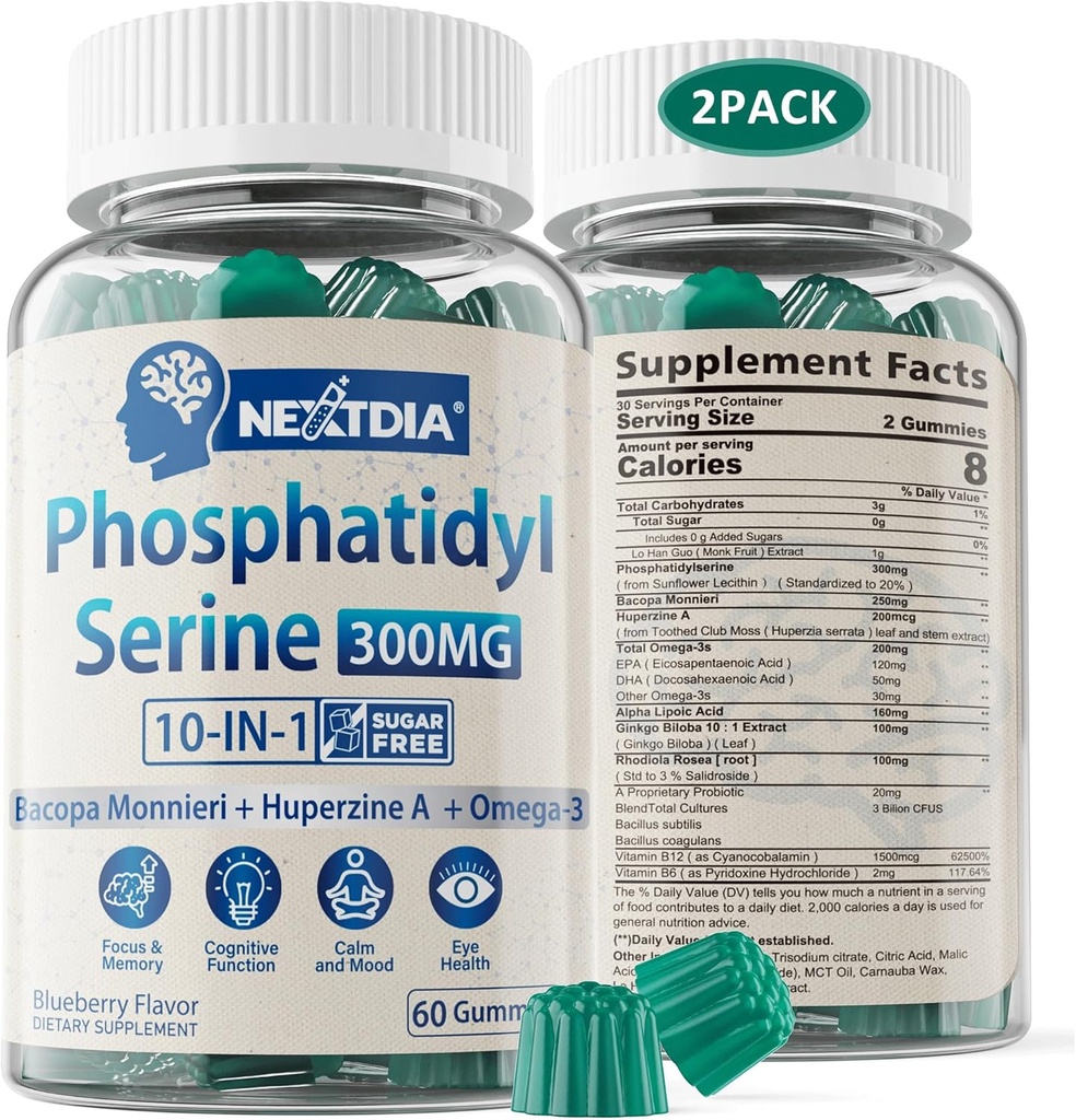 Phosphatidylserin - Nootrop Brian Supplement, Focus & Energy Gummies + Bacopa Monnieri, Omega 3, Huperzine A, Methyl B12 & B6 for seniorer, Gamers, Workers, Non- GMO, Coffein- Free, Sugar Free, 2 Pack