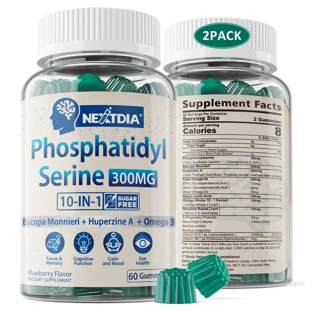 Phosphatidylserin - Nootrop Brian Supplement, Focus & Energy Gummies + Bacopa Monnieri, Omega 3, Huperzine A, Methyl B12 & B6 for seniorer, Gamers, Workers, Non- GMO, Coffein- Free, Sugar Free, 2 Pack