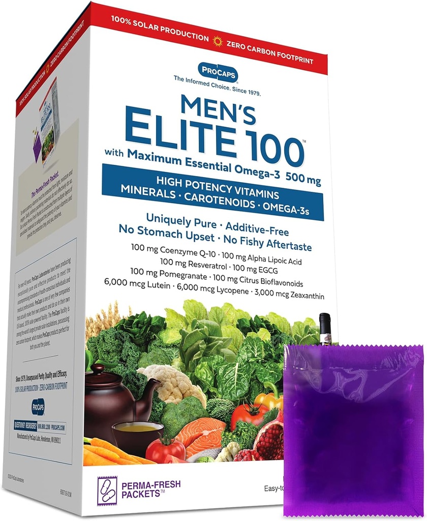 ANDREW LESSMAN Multivitamin- Mænds Elite- 100 med Maximum Essential Omega-3 500 mg 60 Pakninger - 40 + Potent Nutrients, Essential Vitamin, Minerals, Phytonutrients og Carotenoider. Ingen tilsætningsstoffer
