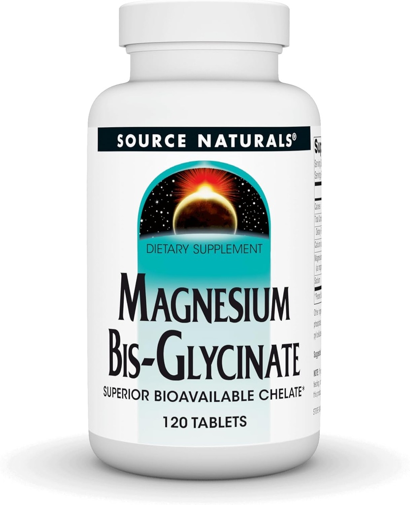 Source Naturals Magnesium Bis- Glycinate, Superior Bioavailable Chelate *, Chelated for increated Absorption, 200 mg per servering - 120 tabletter