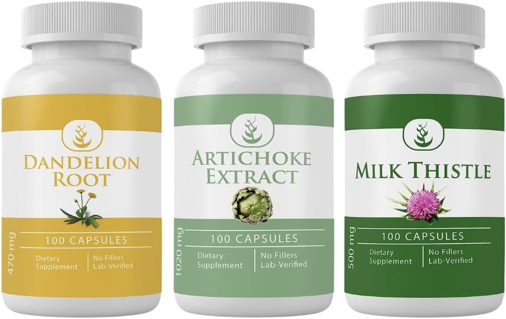 PURE ORIGINALSKE INGREDIENSER Artichoke Extract, Milk Thistle, & Mælkebøtte Root Capsule Bundle (100 kapsler Hver), Ingen tilsætningsstoffer eller Fillers, Lab Verified