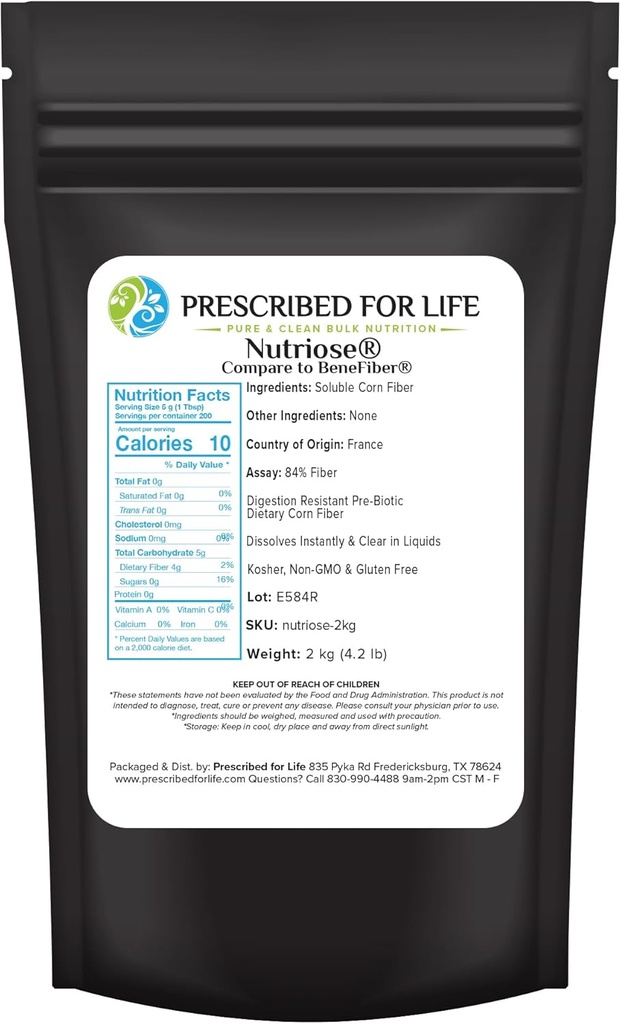 Præskrevet for Life Nutriose Powder, Natural Fiber Supplement, Prebiotic Opløselig Corn Fiber for voksne, Gluten Free, Vegan, Non GMO (2 kg / 4.4lb)
