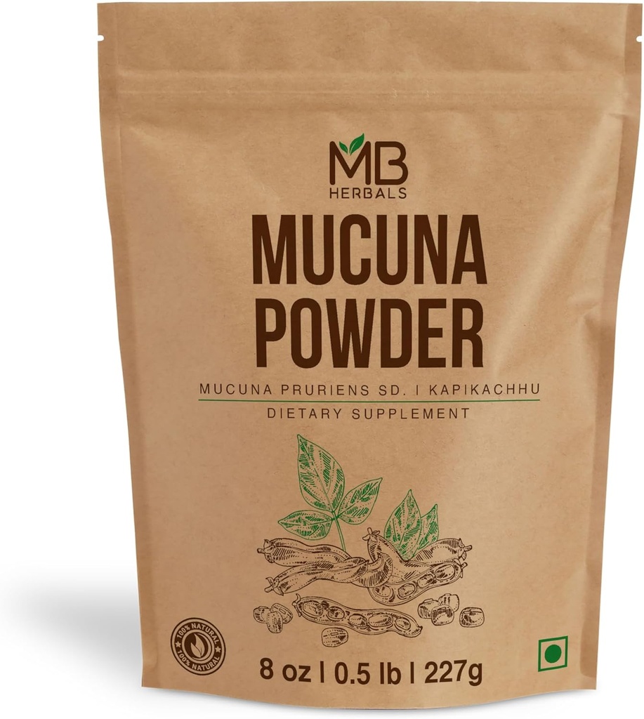 MB Herbals Mucuna Pruriens Powder | 8 oz (0.5 lb) | White Mucuna Seed Powder | 100% Pure & Natural, Non-GMO, Vegan Herbal Supplement