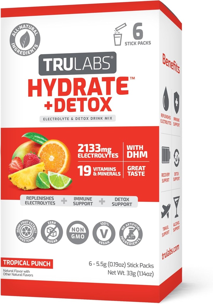 TRULABS Hydrate + Detox - Tropical Punch. Sugar Free Electrolytes Hydration Pacets. Hver servering indeholder 1422 mg elektrolyter & 19 vitaminer & mineraler & DHM (6ct)