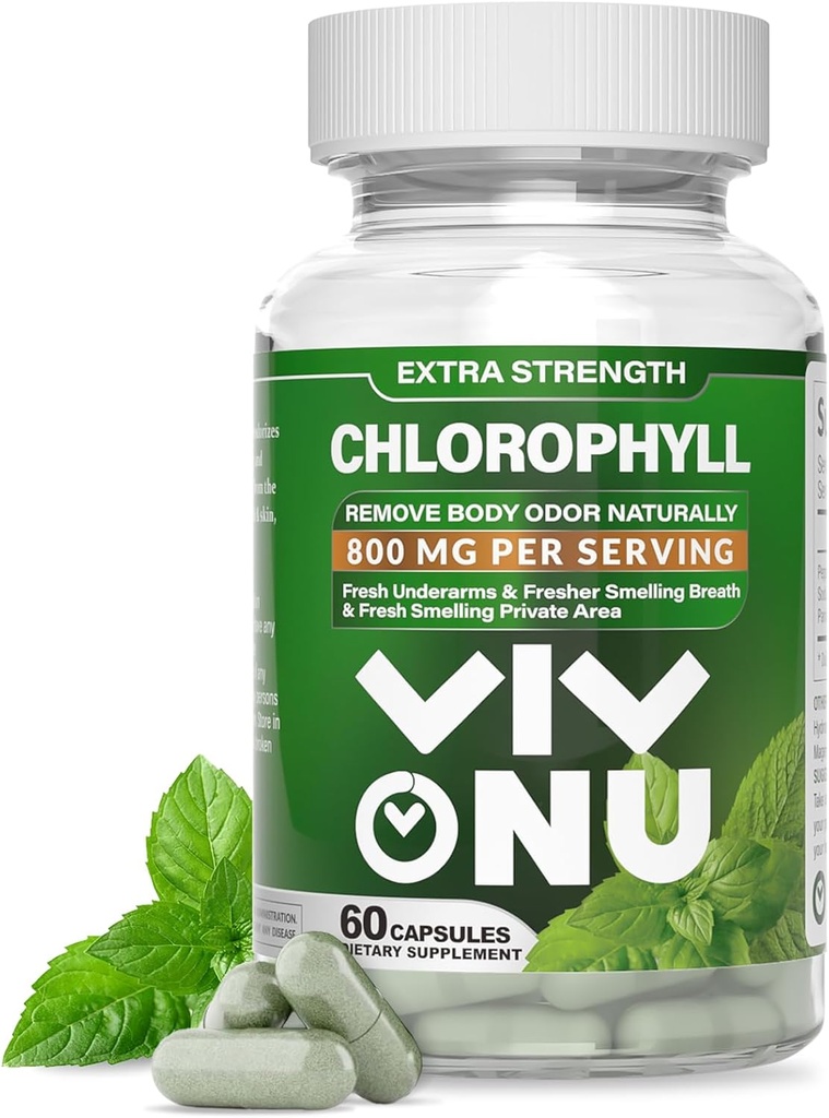 Chlorophyll kapsler 800 mg - Natural chlorophyll kapsler til kvinder og mænd - Safe and Quality Chlorophyll supplement for energi, immunitet, hudstøtte + intern deodorant (60 kapsler / 1 flaske)