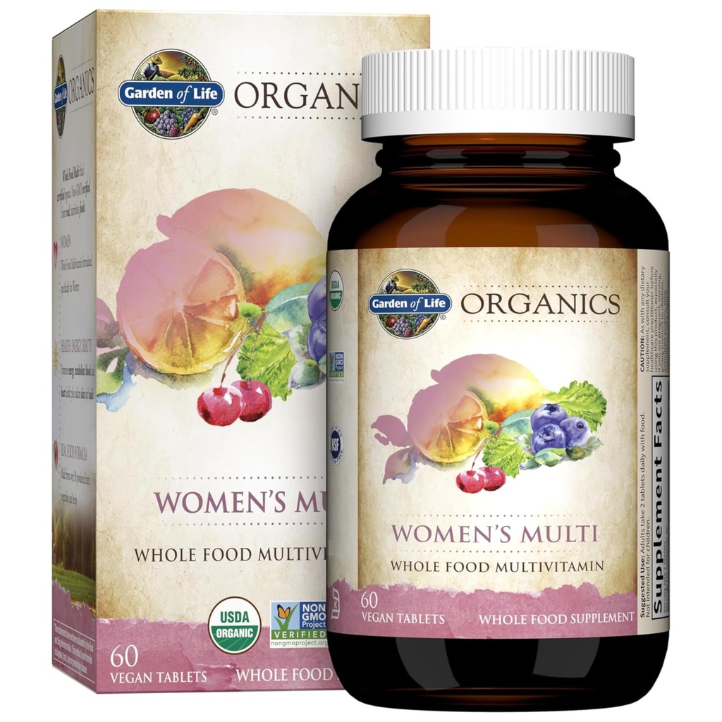 Organiske Multivitamin til Kvinder - Kvinder Multi med C-vitamin, D-vitamin, Folate, B6, B12, Biotin, Jern, Vegansk Hel Food Vitaminer til Kvinder, Energi, Hud, Nails, 60 tabletter
