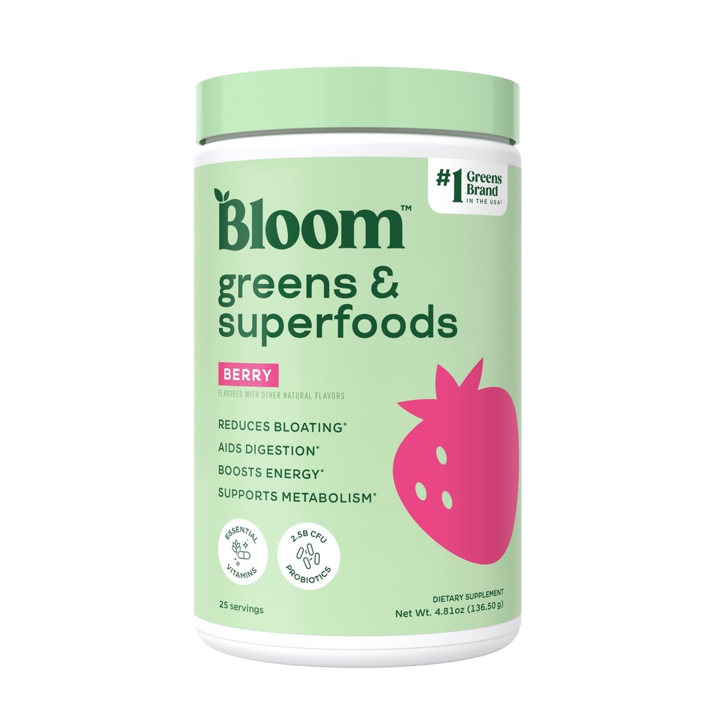 Bloom Nutrition Superfood Green Powder, fordøjelsesenzymer med probiotika og prebiotika, Gut Health, Bloating Relief for Women, Chlorella, Green Juice Mix med Beet Root Powder, 25 SVG, Berry