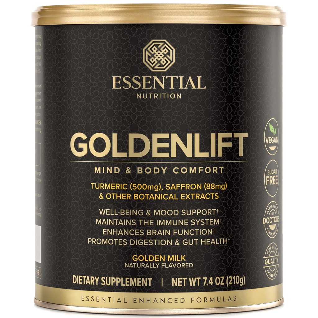 Essential Nutrition Golden Lift - Golden Milk Supplement - Vegan - Med gurkemeje, safran, kanel, Cayenne & Sort peber Standardized Extracts - Mind & Body Comfort - 7.4 oz (30 Servere)