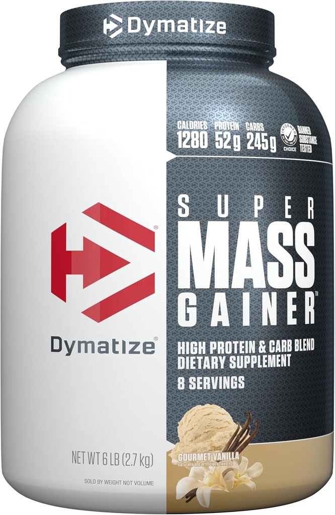 Dymatize Super Mass Gainer Protein Powder, Gourmet Vanilla, 52g Protein, 1g Creatin, 1280 Kalorier, 10.7g BCAA, 245g Carbs, Indeholder Whey Protein Powder, Isolate, og Casein (8 Servere)