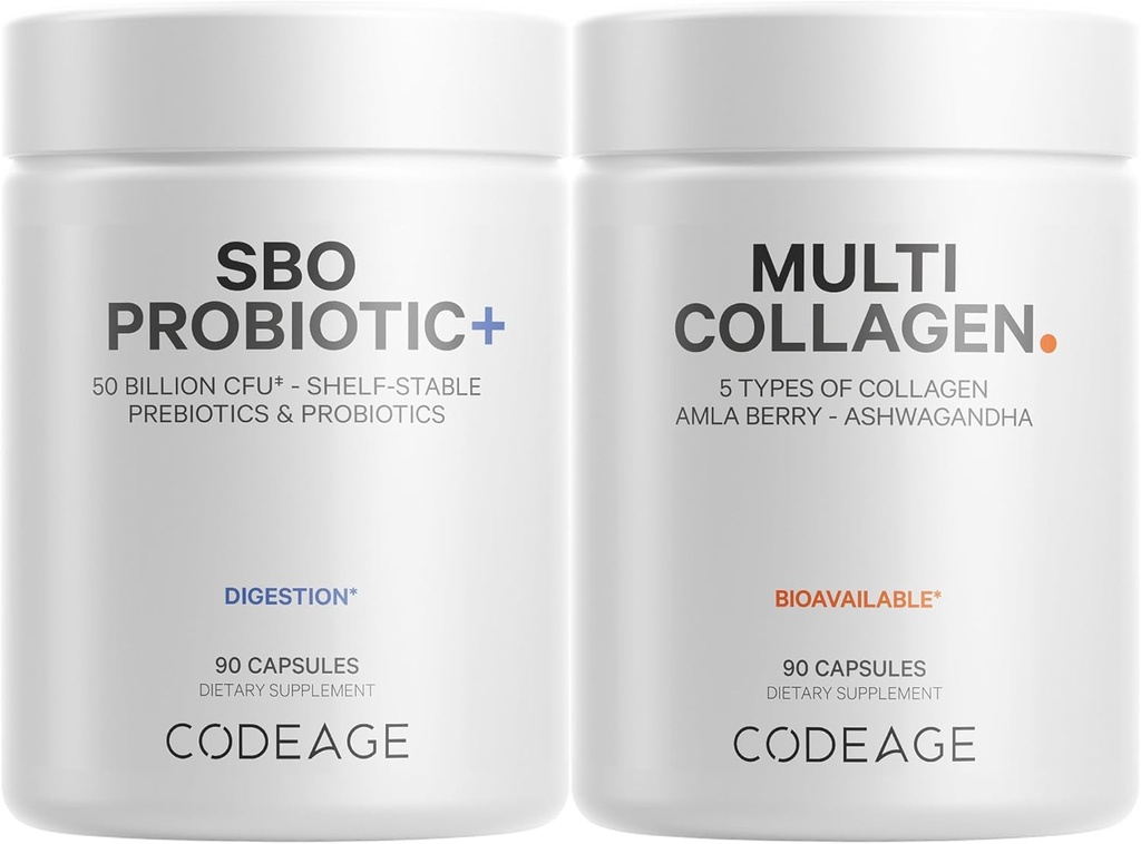 Codeage Multi Collagen Protein Capsules 5 Typer, Ashwagandha Pitania Somnifera & Organic Amla Berry + SBO Probiotic Blend 50 Millioner CFU Bundle, Lactobacillus Plantarum, Bacillus Subtilis, Non- GMO