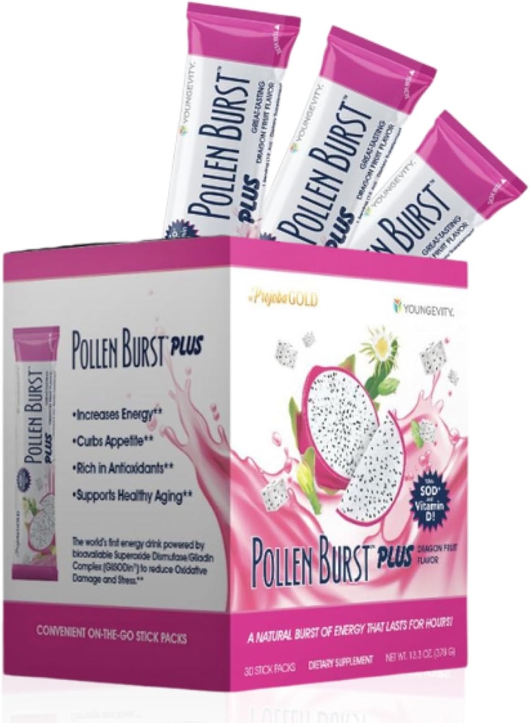 Youngevity ProJoba Pollen Burst ™ Dragon Fruit - Clean Natural Energy Supplement w / Green Tea, Pollen Extract, GliSODin ® - Øg fokus, Brain Boost, Endurance, Mental Clarity (30 Sticks)