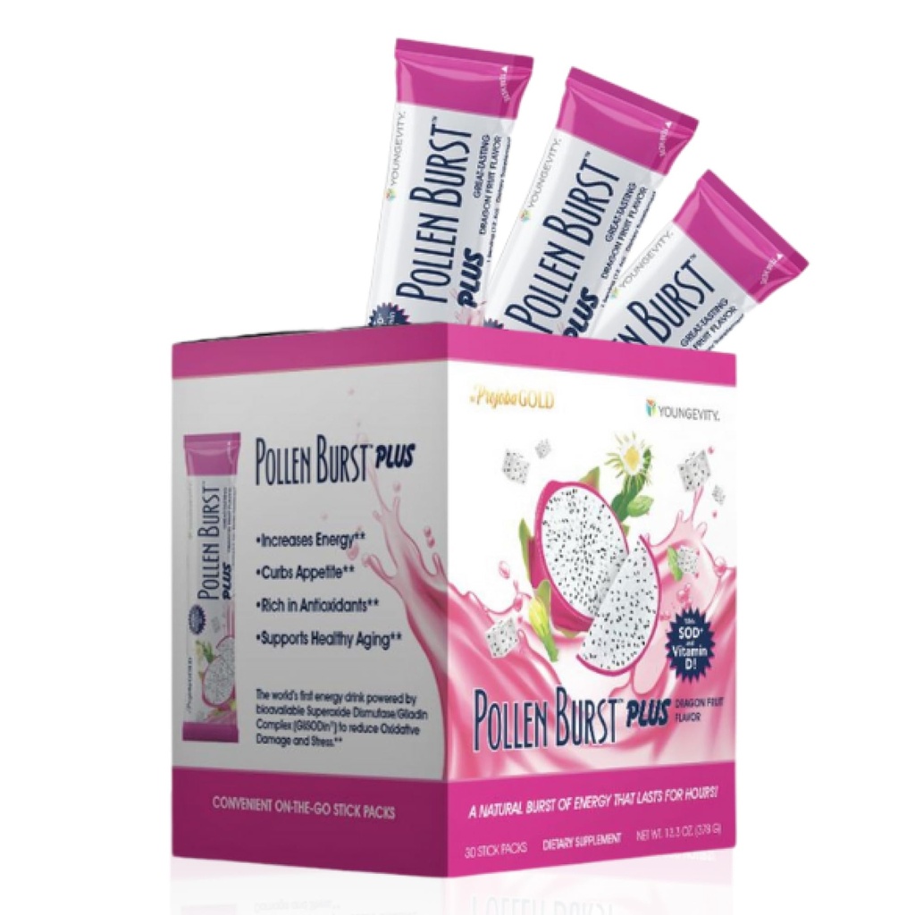 Youngevity ProJoba Pollen Burst ™ Dragon Fruit - Clean Natural Energy Supplement w / Green Tea, Pollen Extract, GliSODin ® - Øg fokus, Brain Boost, Endurance, Mental Clarity (30 Sticks)