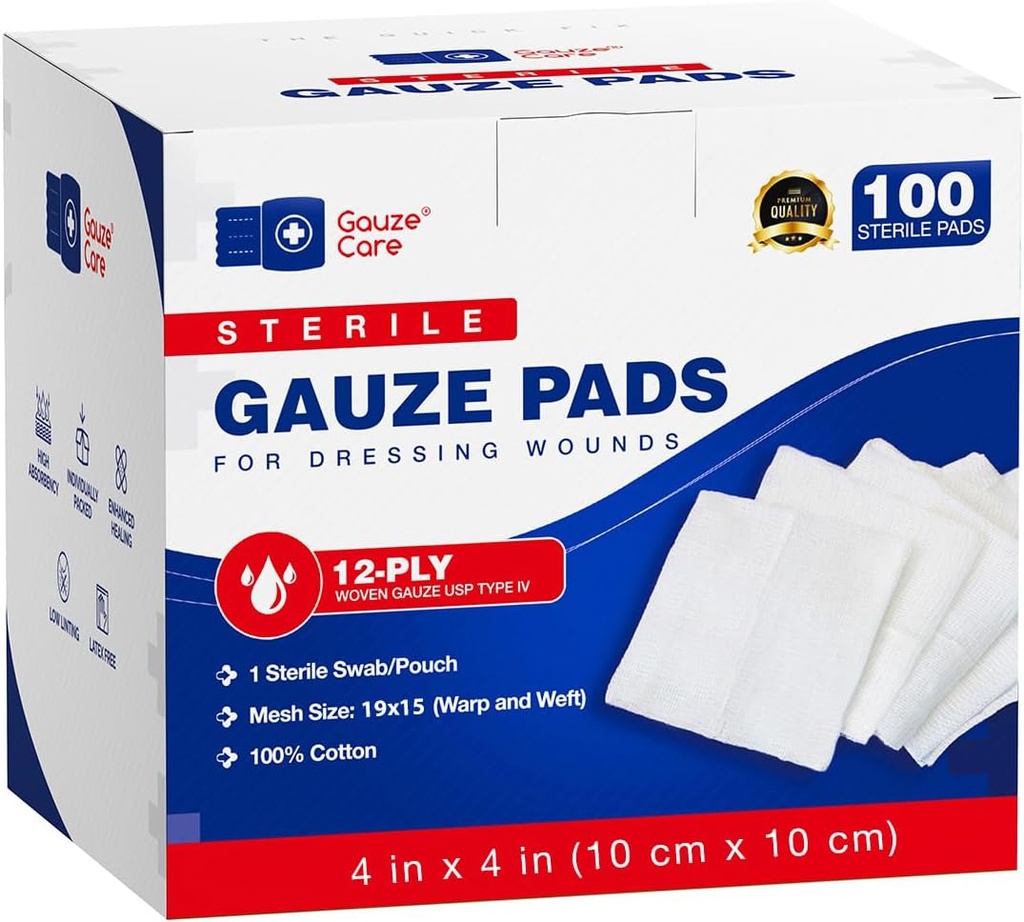 100pc Stor Steril Gauze Pads 4x4 Steril til sår Bulk - 12ply Vævet Gauze Sponges 4x4 Steril - USP IV Breathable Mesh 4x4 Gauze Pads Steril til forbedret absorption - Førstehjælp medicinsk