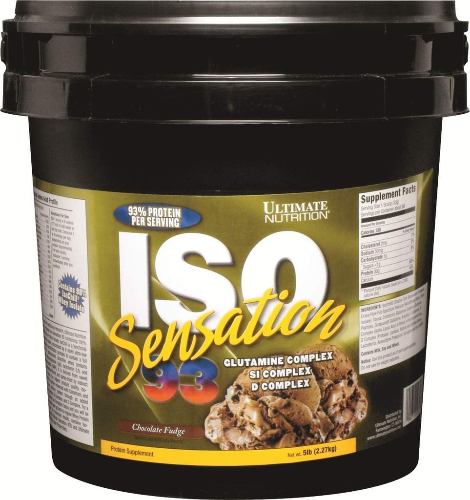 Ultimate Nutrition Iso Sensation 93 med Glutamin, Whey Protein Isolate Powder, 30 Bedste Protein, Lavcarb Protein Shakes, Keto Friendly, 5 Pounds, Chokolade Fudge Arme