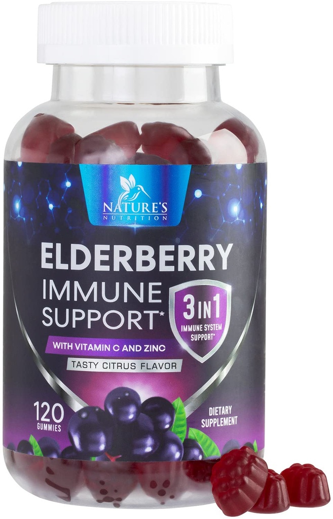 Elderberry Gummies med C-vitamin, D3 og Zink - immunforsvar Gummy til børn og voksne, Black Elderberry Extract Gummy immunforsvar Support, Black Elder Berry Vitamin - 120 Gummies