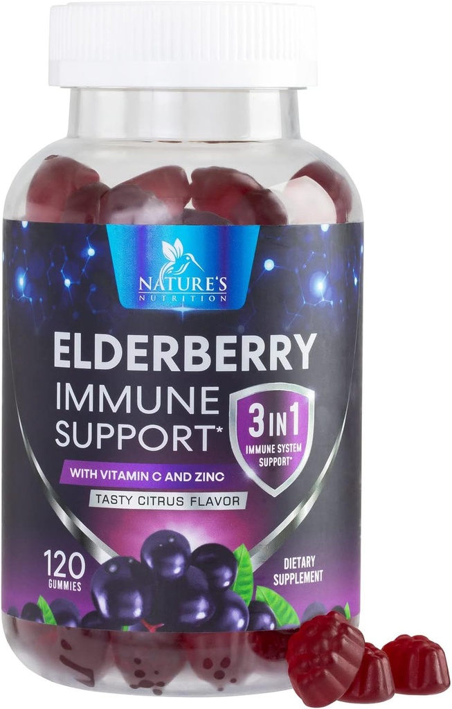 Elderberry Gummies med C-vitamin, D3 og Zink - immunforsvar Gummy til børn og voksne, Black Elderberry Extract Gummy immunforsvar Support, Black Elder Berry Vitamin - 120 Gummies