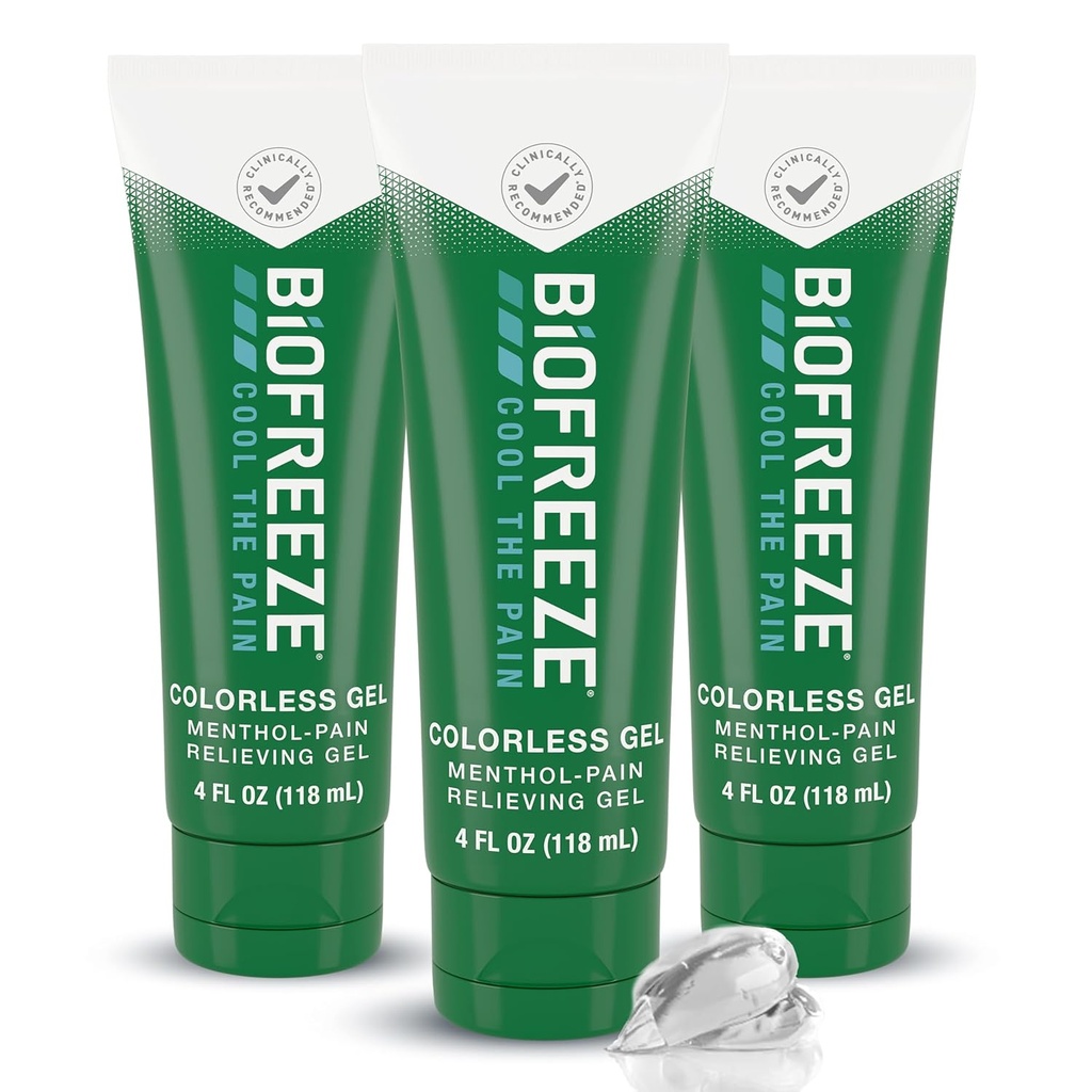 Biofreeze Pain Relief Gel til Knee, Neck, Hip, Joint, Shoulder, & Simple Backache, Gigt Smerte Reliever, Sore Muskelrelief, Farveløs Menthol Gel 4 Fl Oz (Pack of 3)