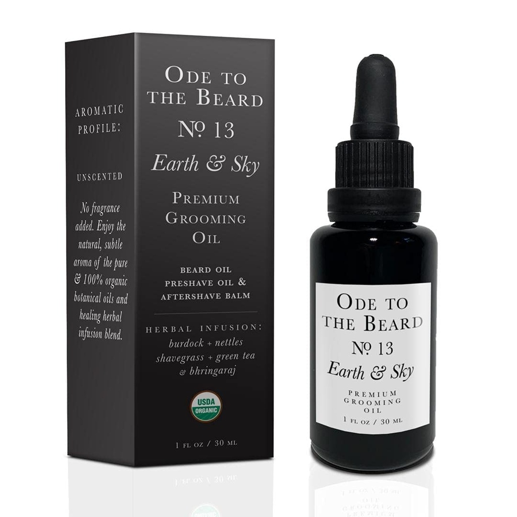 USDA Organic Beard Oil For Mænd, 3- in-1 Premium Grooming Oil med Argan Oil, Jojoba Oil, og mere, For Beard Growth og Beard Wash - Ode to the Beard Earth and Sky Beard Oil, 1 fl oz - Ikke duftende