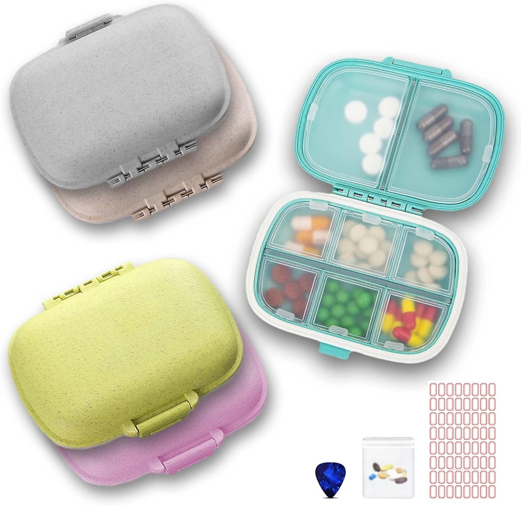 [5 Pack] Rejsepille Organizer 8 Compartments Easy Open Lid Portable Pill Case Daily Pill Organizer Fugt Bevis Lille Pill Box for Pocket (Blå + Gray + Pink + Khaki + Grøn)