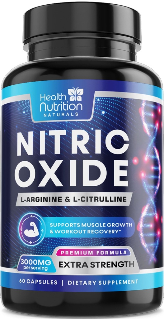 Extra Strength Nitroxide Booster 3000mg - 3X L- Araginin AKG & HCI + L- Citrullin Malate - Bedste Muskeltilskud Nitropin Supplement - Natural Energy, Heart Health Support Flasket USA - 60 Kapsler