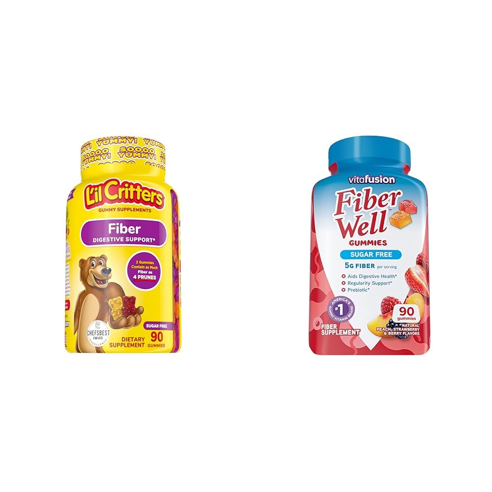 L’il Critters Fiber Daily Gummy Supplement for Kids, for Digestive Support & Vitafusion Fiber Well Sugar Free Fiber Supplement, Peach, Strawberry and BlackBerry Flavored Supplements, 90 Count