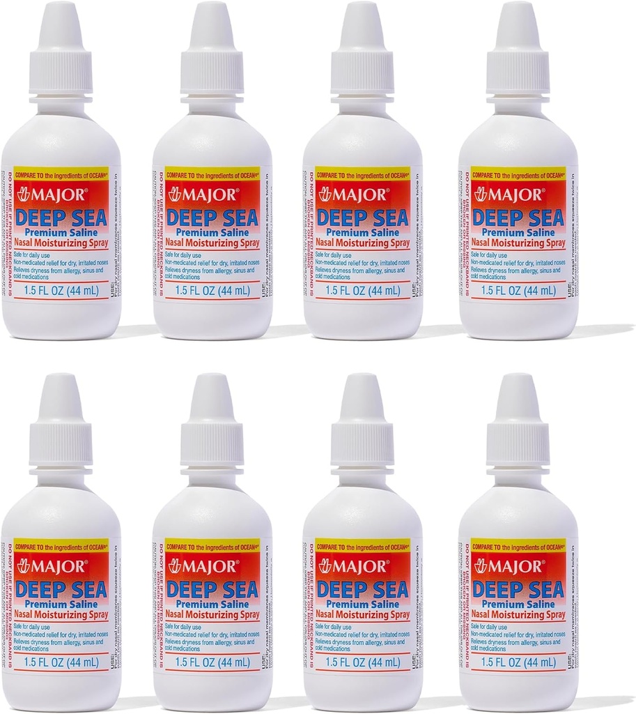 MAJOR Deep Sea Premium Saline - Nasal Moisturizing Spray til tørhed og irritation Relief - Natriumchlorid 0,65% - 1,5 Fl. Oz (8 Pack)