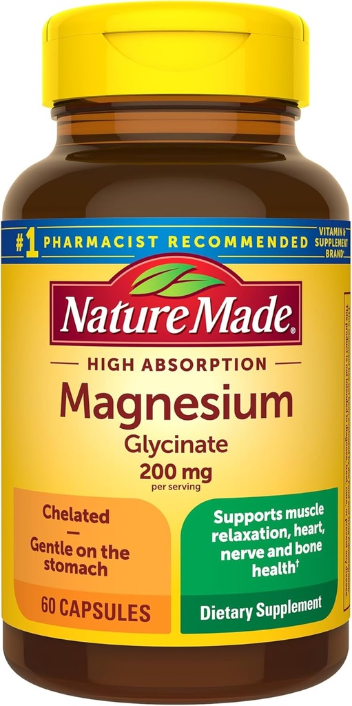 Nature Made Magnesium Glycinate 200 mg per servering, Magnesium supplement til muskel, hjerte, nerve og ben støtte, 60 Magnesium Bisglycinate kapsler, 30 dages forsyning