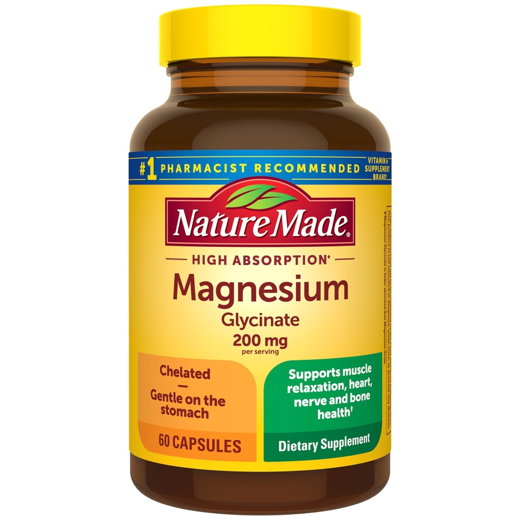 Nature Made Magnesium Glycinate 200 mg per servering, Magnesium supplement til muskel, hjerte, nerve og ben støtte, 60 Magnesium Bisglycinate kapsler, 30 dages forsyning