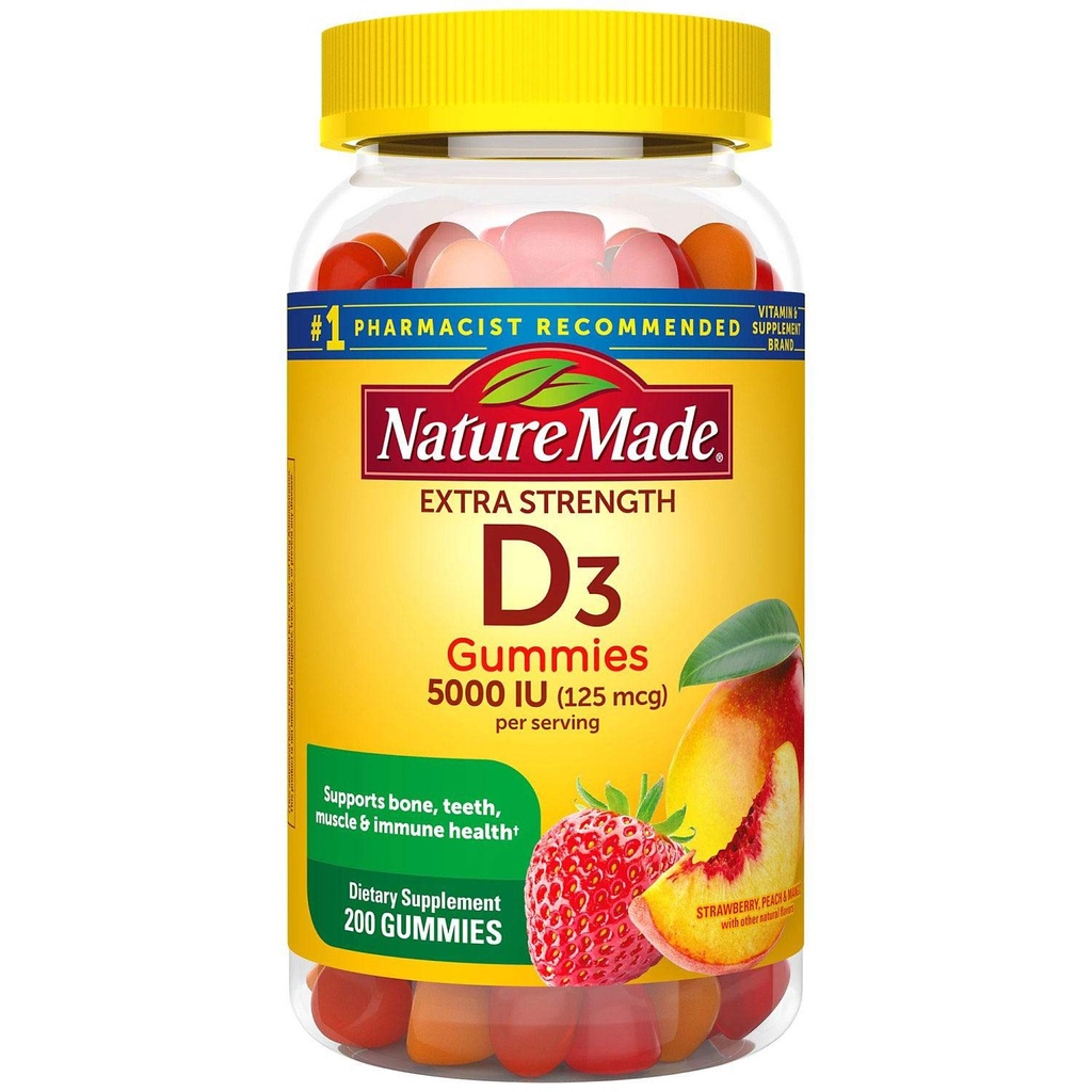 Nature Made Extra- Strength Vitamin D3 5000 IE (125 mcg) Gummies (200 Tæl)