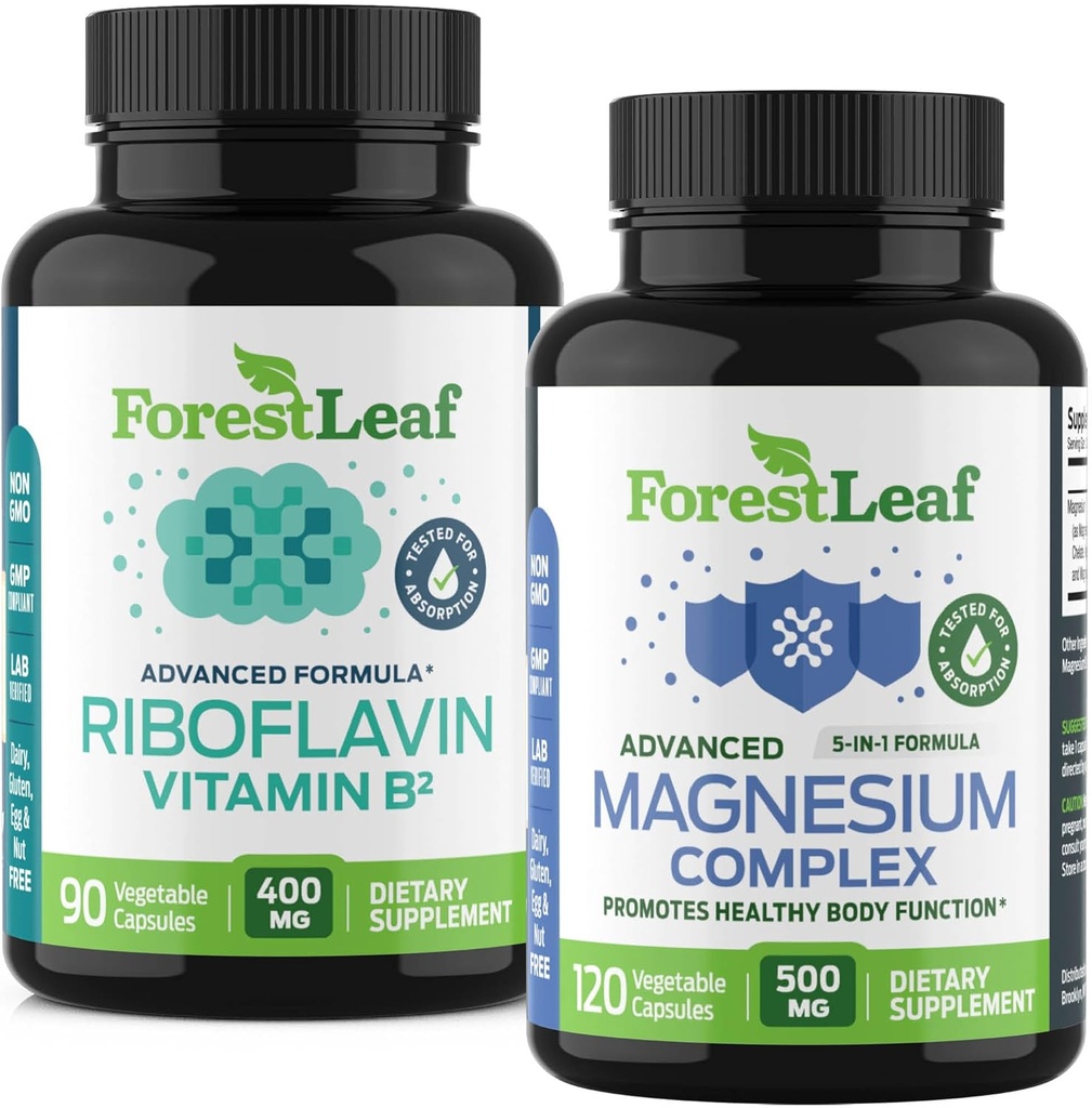 ForestLeaf Riboflavin & Magnesium migraine Supplement - Riboflavin 400mg for hovedpine Relief - Ultimate Magnesium Bundle med B2 vitamin 400mg for hovedpine Migræne Relief kapsler