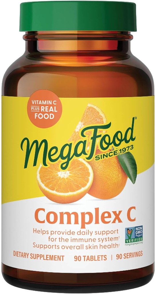 MegaFood Complex C - Vegansk immunforsvar supplement med C-vitamin 250 mg, Lavet med Real Food inclusive Orange, Cranberry & Brown Rice, Gluten- Free, Kosher - 90 tabletter, 90 servering