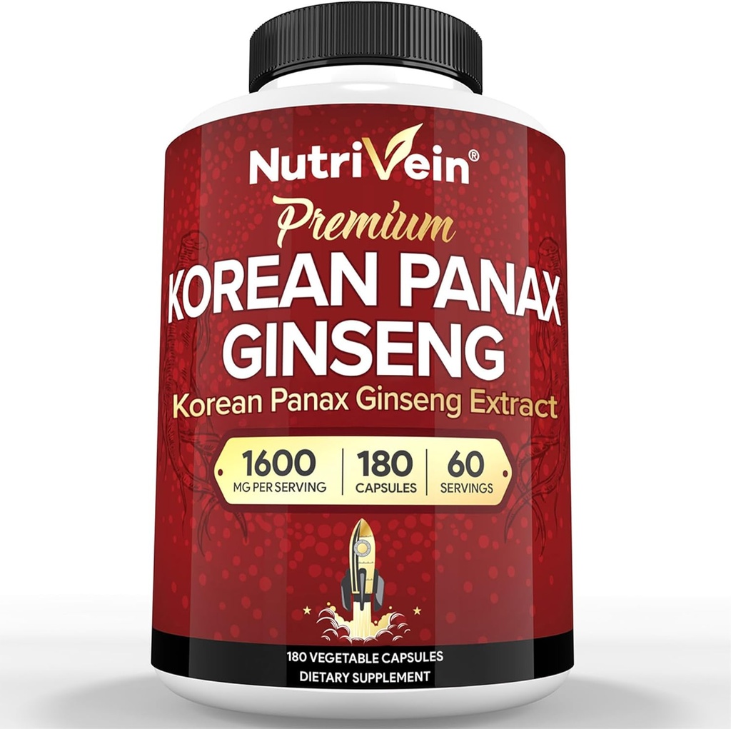Nutrivein Korean Red Panax Ginseng 1600mg – Extra Strength Formula – 180 Capsules – Boost Energy, Mental Focus & Immune Health Naturally